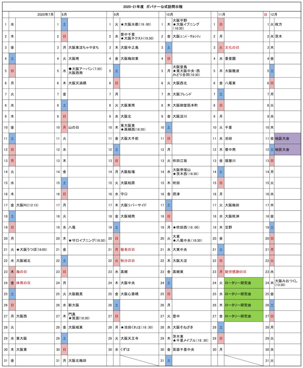 2020-21 ガバナー公式訪問日程